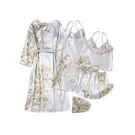 GORGLITTER Women's 5 Piece Floral Print Satin Silk Pajama Set Nightgown Robe Cami Shorts Sleepwear Pj Sets Light Grey Small