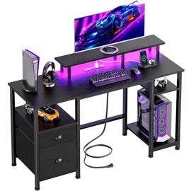 Furologee 51" Computer Desk with Outlet and LED Lights, Gaming Desk with Fabric Drawer, Home Office Table with Adjustable Shelves and Monitor Stand, Writing Study Table for Bedroom, Black