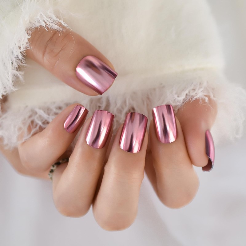 EchiQ Chrome Punk Metallic Pink Square Press On False Nails