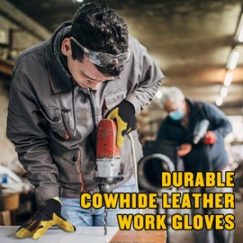 AIGEVTURE Men's Leather Gardening Gloves Work Gloves Cowhide Leather,Flexible Breathable Spandex,Thorn Proof Gardening Gloves,Abrasion Resistant