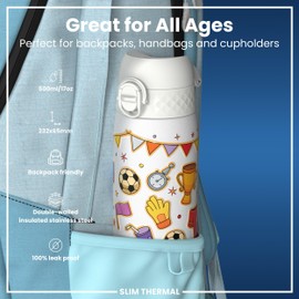 Ion8 Vacuum Insulated Steel Water Bottle, 500 ml/17 oz, Leak Proof, Easy to Open, Secure Lock, Dishwasher Safe, Fits Cup Holders, Carry Handle, Scratch Resistant, Metal Water Bottle, Football Design