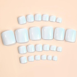 24Pcs White Press On Toenails Short Square Fake Toenails Acrylic Toe Nails Press Ons Short Glue On Toenails Full Cover False Toe Nails With Glossy Designs Stick On Toenails For Women