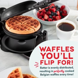 DASH Flip Belgian Waffle Maker – 1” Thick Waffle Mold, Nonstick Waffle Iron with Quick Heat-Up, Surface - Rotating Belgian Waffle Maker for Kids and Families, Just Add Batter (Black)
