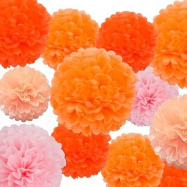 GAKA Pink,Orange Hanging Paper Pom Poms 10 inch and 12 inch,12 Piece,4 Colors Set,for Party Decoration Thanksgiving Party Decorations Tissue Flowers Decorations