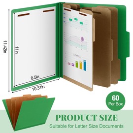 Skyygemm 60 Pcs Classification Folders Letter Size, 3 Divider Pressboard File Folder Bulk, 3. 5 Inch Expansion, 2 Prongs Fastener, Back to School Heavy Duty File Organizer Student, Teacher (Green)