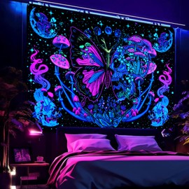 Invoibler Blacklight Skull Butterfly Tapestry UV Reactive Mushroom Tapestries Hippie Skeleton Moth Wall Decor Aesthetic Moon Flowers Tapestry Large Snake Wall Hanging for Bedroom(70.9 x 92.5 inches)