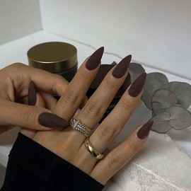 Dark Brown Fall Press on Nails, KQueenest Acrylic Press on Nails Medium Almond, Matte Fake Nails Press ons for Women, Stiletto Glue on Nails Natural, Season of Color Press on Gel Nails, 24 Pcs