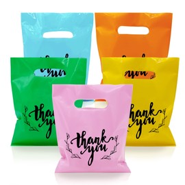 KEEPARTY 100 PCS Small Thank You Merchandise Bags Plastic Goodie Bags Party Favor Bags for Birthday Party Baby Shower Wedding Merchandise Gifts Trade Shows (Five Colors)