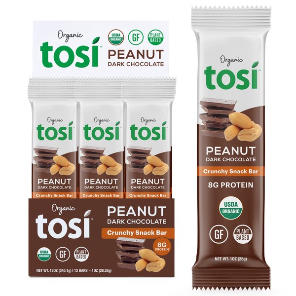 Tosi Nut Bars, 8G Protein (12 Pack, 1oz Bars), Plant Based Protein Bars, Crunchy Vegan Snacks, Dark Chocolate Peanut Bars, Low Sugar Healthy Snacks, Gluten Free, Soy Free, Fiber, Flax & Chia Seeds