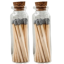 Moonlight Makers Set of 2 Small Premium Wooden Safety Matches in Glass Vial with Striker - 40 Wooden Matches, 1.9" Tall, Decorative Matches, with Striker Pad, Candle Accessories - Gray (MV20x2)