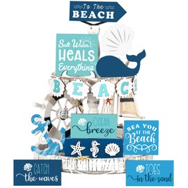 15 Pieces Summer Beach Tiered Tray Decor Set Farmhouse Ocean Wood Sign Rustic Beach Tiered Tray Decorations for Outdoor Kitchen Table Shelf
