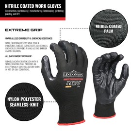 linconson 12 Pack Extreme Grip Lightweight Nitrile Coated Construction & Mechanics Work Gloves (Black (12 Pack), Large)