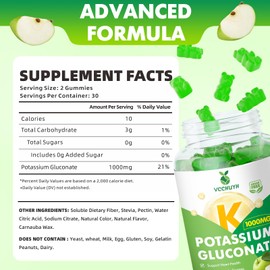 VCCHUYH Potassium Gummies 1000mg for Adults & Kids, High Dose Potassium Gluconate Supplement Potassium Gluconate Gummies Support Muscle Cramps Electrolyte Balance, Apple Flavor 120 Count