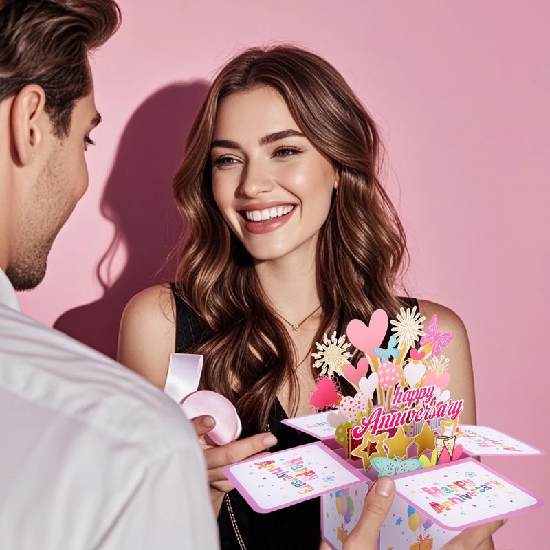 Anniversary Pop Up Card, Colorful Heart Butterfly Fireworks 3D Anniversary