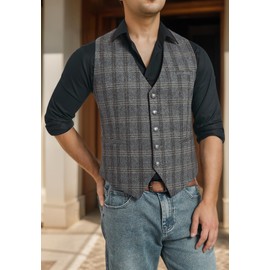 Enlision Waistcoat for Men Vintage Check Tweed Formal Wool Regular Fit Plaid Waistcoat, Grey, XS