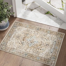 jinchan Area Rug 2x3 Washable Rug Entryway Rug Bathroom Doormat Vintage Floral Retro Accent Throw Rug Non-Slip Mat for Kitchen Front Door Indoor Home Decor Taupe