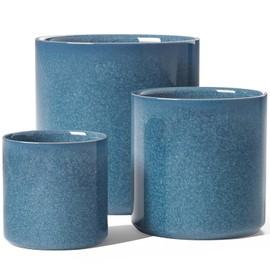 LE TAUCI Ceramic Plant Pots Indoor, 10+8+6 Inch Planters for Indoor Plants, Mid-Century Modern Flower Pots with Drainage Hole and Plug, Cylinder Round Planters, Set of 3, Reactive Glaze Blue
