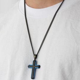 STEEL NATION JEWELRY Black Stainless Men's Modern Cross Curb Chain Pendant Necklace with Blue Accents - 24"