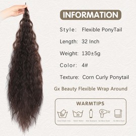 Gx Beauty 32 Inch Flexible Wrap Around Ponytail Extension Long Corn Wave Curly Ponytail Extension Natural pony tail Synthetic Hairpiece for Women（4#）