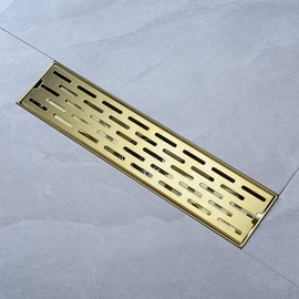 12 Inch Square Shower Linear Brushed Gold Bathroom Floor Drain with Flange,Strainer Accessories,Cover Grate Removable SUS 304 Stainless Steel
