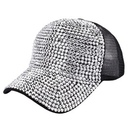 Women Men Studded Rhinestone Baseball Cap Adjustable Bling Ponytail Mesh Sun Hat Casual Sports Silver