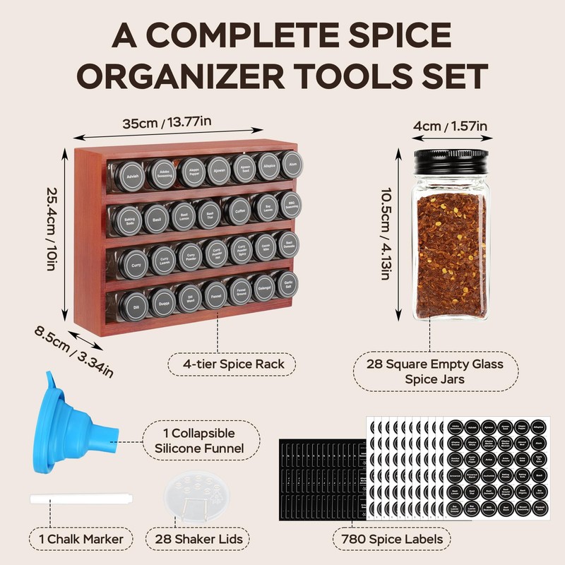 Bamboo Spice Rack Organizer with 28 Spice Jars, 780 Labels,