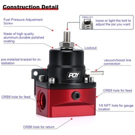 PQY Fuel Pressure Regulator AN8 Feed & AN6 Return Line + 0-160PSI Gauge Set Black+Red