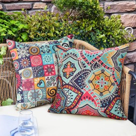 Velvhom 4 Pack Decorative Cushion Covers 40x 40cm Hippie Boho Floral Outdoor Pillow Cases Waterproof Cotton Linen Square Throw Pillow Covers for Sofa Outdoor Indoor Home Decor 16x16inch
