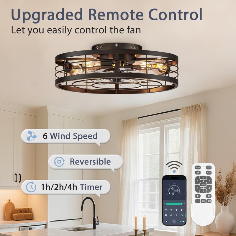 VOLISUN Caged Ceiling Fan with Light and Remote,19.7 inch Fandelier