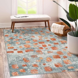 Lahome Abstract Washable Rugs, 4x6 Rug Non-Slip Soft Entryway Rugs for Living Room, Ultra-Thin Stain Resistant Bedroom Rug Easy Cleaning Boho Throw Carpet for Kitchen Office(4'x6', Orange/Gray)