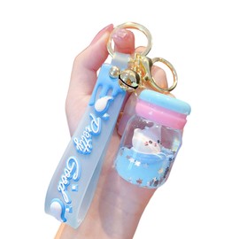 TOU-BEGUIN Keychain, Cute Delicate Milk Tea Cup Key Ring Decoration, Creative Glitter Liquid Quicksand Floating Cat Handbag Keys Accessories for Kids Boys Girls(Blue)