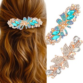 HEREAD Crystal French Hair Barrette Gold Rhinestones Butterfly Hair Clips Accessories for Women (Pack of 2) (Silver and Blue)