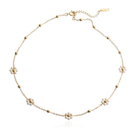 Handmade Wire Craft White Pearls Daisy Flower Choker Necklace for Women, 18K Gold Plated
