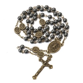 Nazareth Store Bronze St Michael Archangel Hematite Black Stone Beads Rosary Necklace with Metal Box Handmade Rosaries for Men and Women