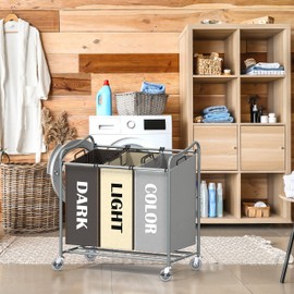 SimpleHouseware Heavy Duty 3-Bag Laundry Sorter Rolling Cart, Silver/Assorted Bags