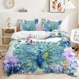 HAVOP Peacock Duvet Cover Set Single Size 3D Bedding Set Spread Tail Peacock With Flowers Print Comforter Cover Kids And Adults Bedroom Decor