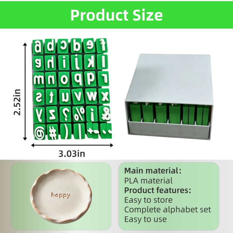 New Alphabet Stamps Set for Clay，Lowercase Letters Symbols，36Pcs Green Plastic