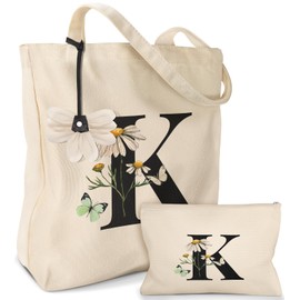 Miss Adola 2 Pack Initials Canvas Tote Bag - with Makeup Pouch Zipper Bag for Women Aesthetic Cotton Monogrammed Letter K Tote Bags Reusable Grocery Shoulder Bag for Shopping, Gym, Travel, Work