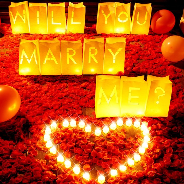 4071 Pcs Will You Marry Me Sign Luminary Letters Paper Bags Proposal Decorations Red Rose Petals Heart Flameless Tealight Candles for for Wedding Romantic Night Valentine's Day Engagement Party