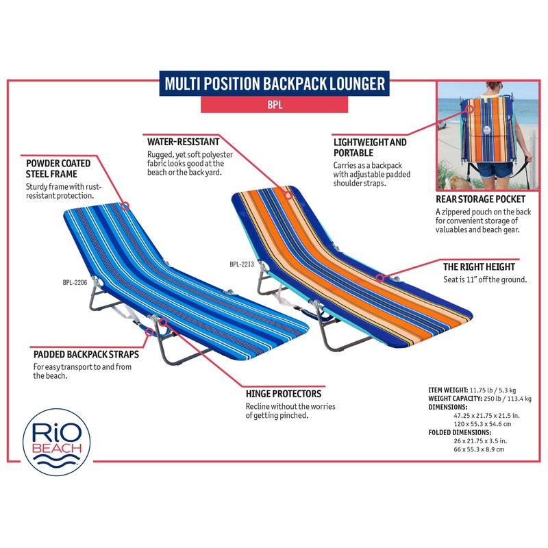 Rio Beach Portable Lay Flat Folding Backpack Beach Lounge Chair