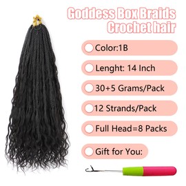 IXIMII Crochet Boho Braids with Human Hair Curls 14inch 8packs 96strands 1B# Deep Wave Pre Looped Goddess Bohemian Box Braids Crochet Hair Curly Ends Hair Extensions For Women