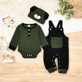 FOCUTEBB Newborn Baby Boy Clothes 0-3 Months Fall Winter Outfit Suspender Pants Set Cute Long Sleeve Romper + Pocket Overalls + Hat With Dog Ears 3 Pcs Set Cute Cartoon Clothing Set Green 0-3 Months