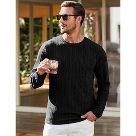 JMIERR Mens Long Sleeve Henley Shirts Stylish Crewneck Fitted Clothing Lightweight Stretch Textured Knit Tee with Pocket, XL, Black