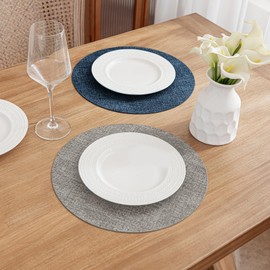Romanstile Round Placemats Set of 4, Reversible Faux Leather Table Place Mats 100% Waterproof Oil-Proof Non-Slip Wipeable Double-Sided Vinyl Table Mats for Kitchen/Dining/Party, Navy