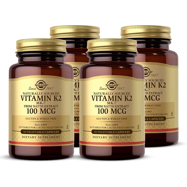 Solgar Vitamin K2 (MK-7) 100mcg, 50 Vegetable Capsules - Pack of 4 - Supports Bone Health - Natural Whole Food Source from Natto Extract - Non-GMO, Gluten Free - 200 Total Servings