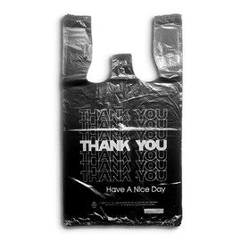 ROYALNA 100ct (12" x 6.5" x 21") Plastic T shirt Grocery shopping bags Reusable and Disposable for Restaurants, Convenience Stores, (Black/White Thank you, 100)