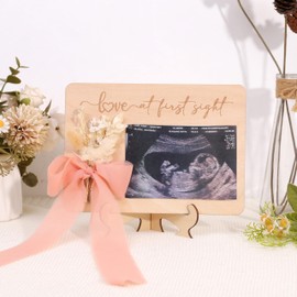 Baby Sonogram Picture Display Sign - Baby Announcement Ultrasound Picture Frame, “Love at First Sight” Babi Scan Photo Frame, Pregnancy Reveal Wooden Photo Holder with Floral Decor & Bow