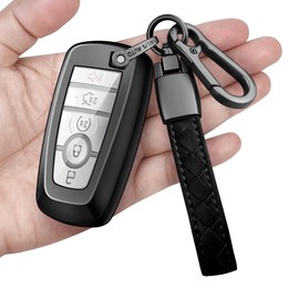 Autophone for Ford Key Fob Cover with Leather Keychain Soft TPU Protection Key Case for Mustang Explorer Fusion Escape Edge Expedition Raptor F150 F250 F350 F450 F550 Smart Key 4-5 Buttons (Black)