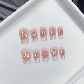 TENPAL Light Pink Cat Eye Nails, Hand Painted Press on Nails Medium, Ocean Shell Pearl Designs Soft Gel Fake Nails With Tools,Full Cover Glossy False Nails 10pcs kits For Women Girls, Large Size