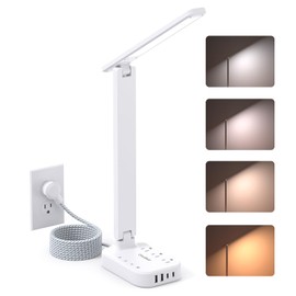 Power Strip with LED Desk Lamp, 10 Ft Extension Cord with 3 Outlets 4 USB Ports(2 USBC), 4 Modes 5 Level Touch Lamp Small Desk Lamps for Home Office College Dorm Room, Study Reading Light - BK